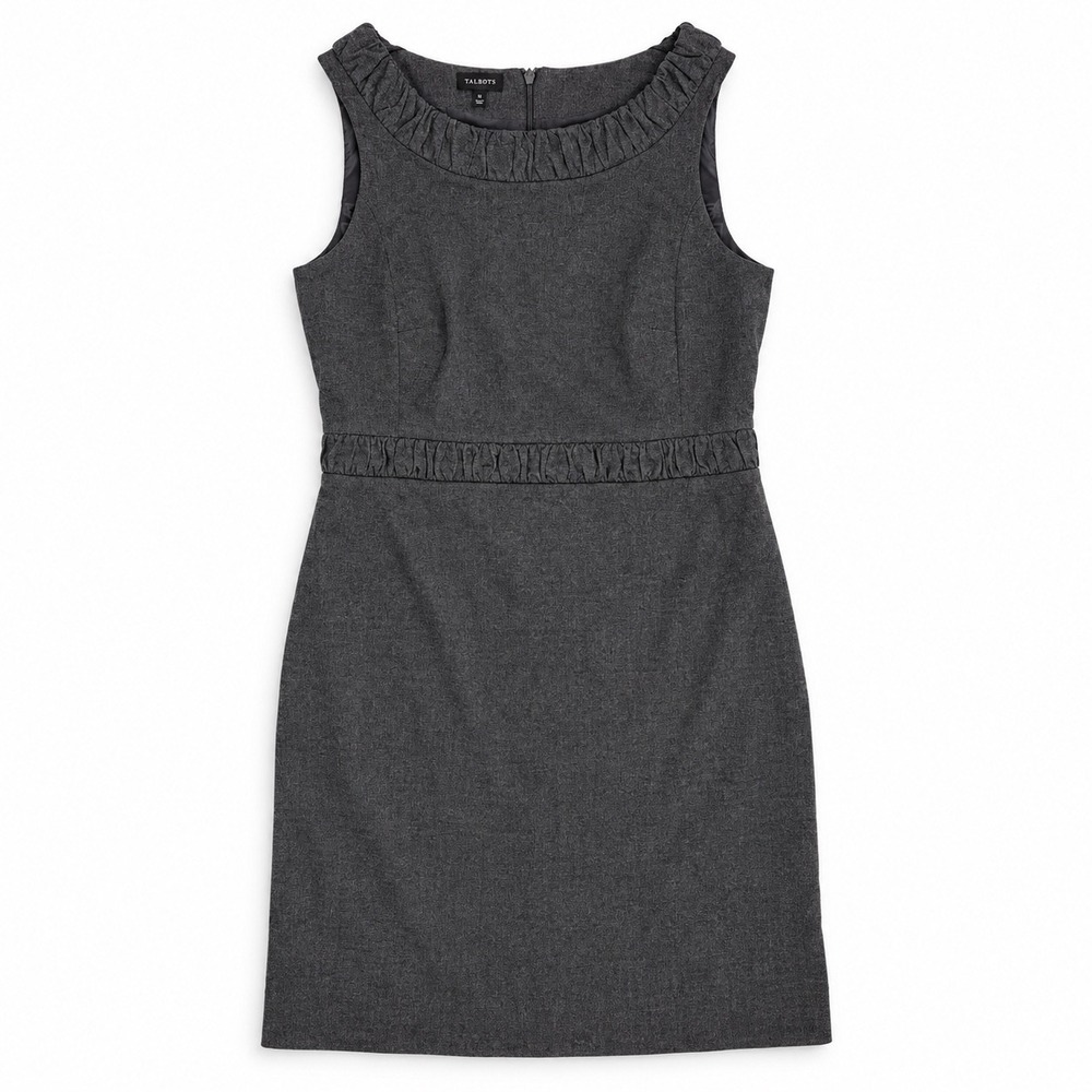 Talbots Womens Wool Sheath Dress Gray Ruffle Neck Sleeveless 12 Career Office - Picture 2 of 13